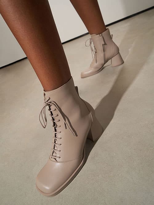 Leather Lace-Up Ankle Boots, Taupe