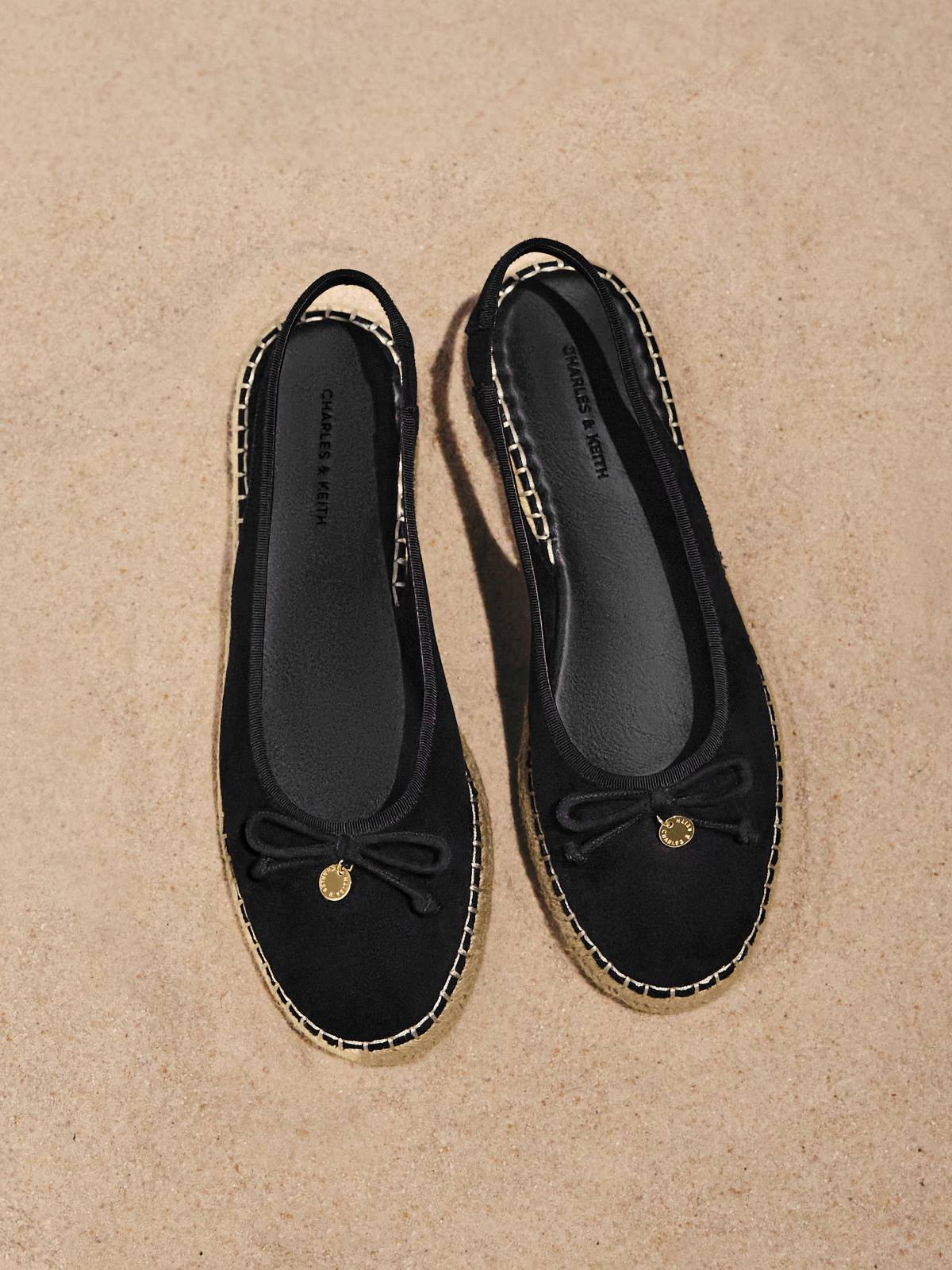 Black Textured Faux Suede Bow Slingback Espadrilles - CHARLES & KEITH