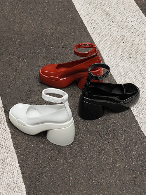 Lula Patent Chunky Heel Pumps, Light Grey, Red, Black
