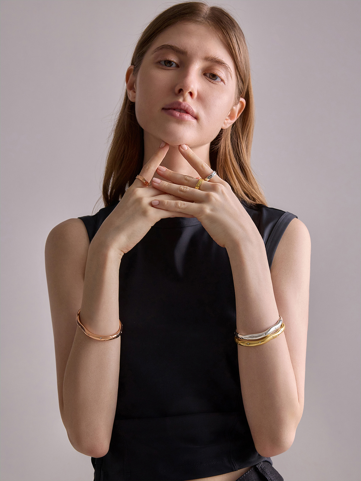 Ottilie Crystal Sculptural Bangle in Rose Gold, Silver and Brushed Gold - CHARLES & KEITH