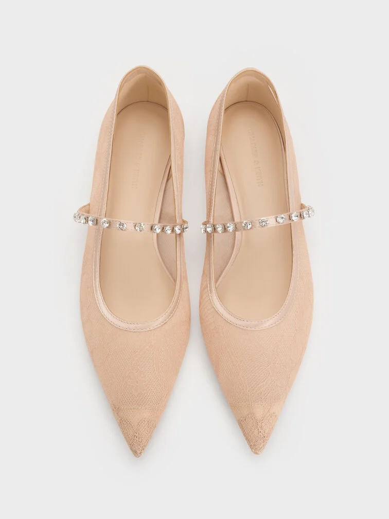 Lace & satin pointed-toe Mary Jane flats, ideal for outdoor, garden-party weddings.  