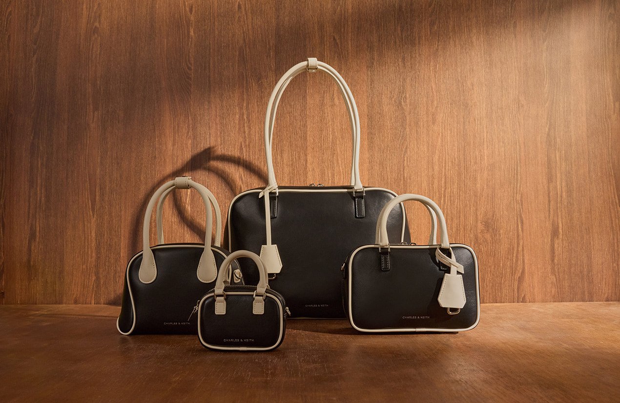 Sianna Two-Tone Bowling-Bag Charm; Mini Sianna Two-Tone Bowling Bag; Nelly Two-Tone Bowling Bag; Large Sianna Two-Tone Bowling Bag, all in black and white - CHARLES & KEITH