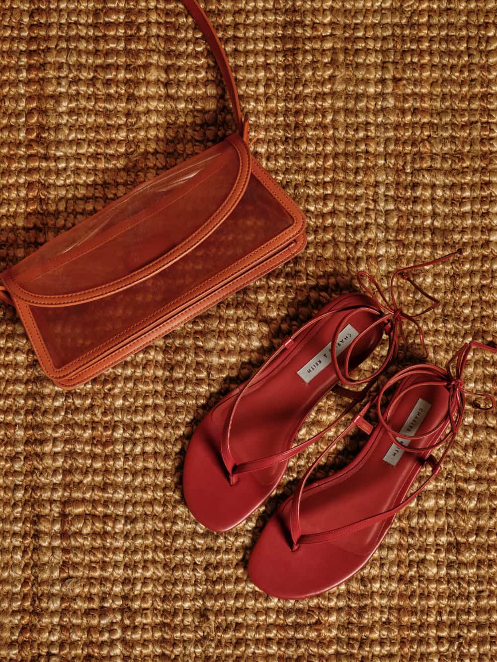 Women's orange mesh shoulder bag and red tie-around thong sandals -CHARLES & KEITH