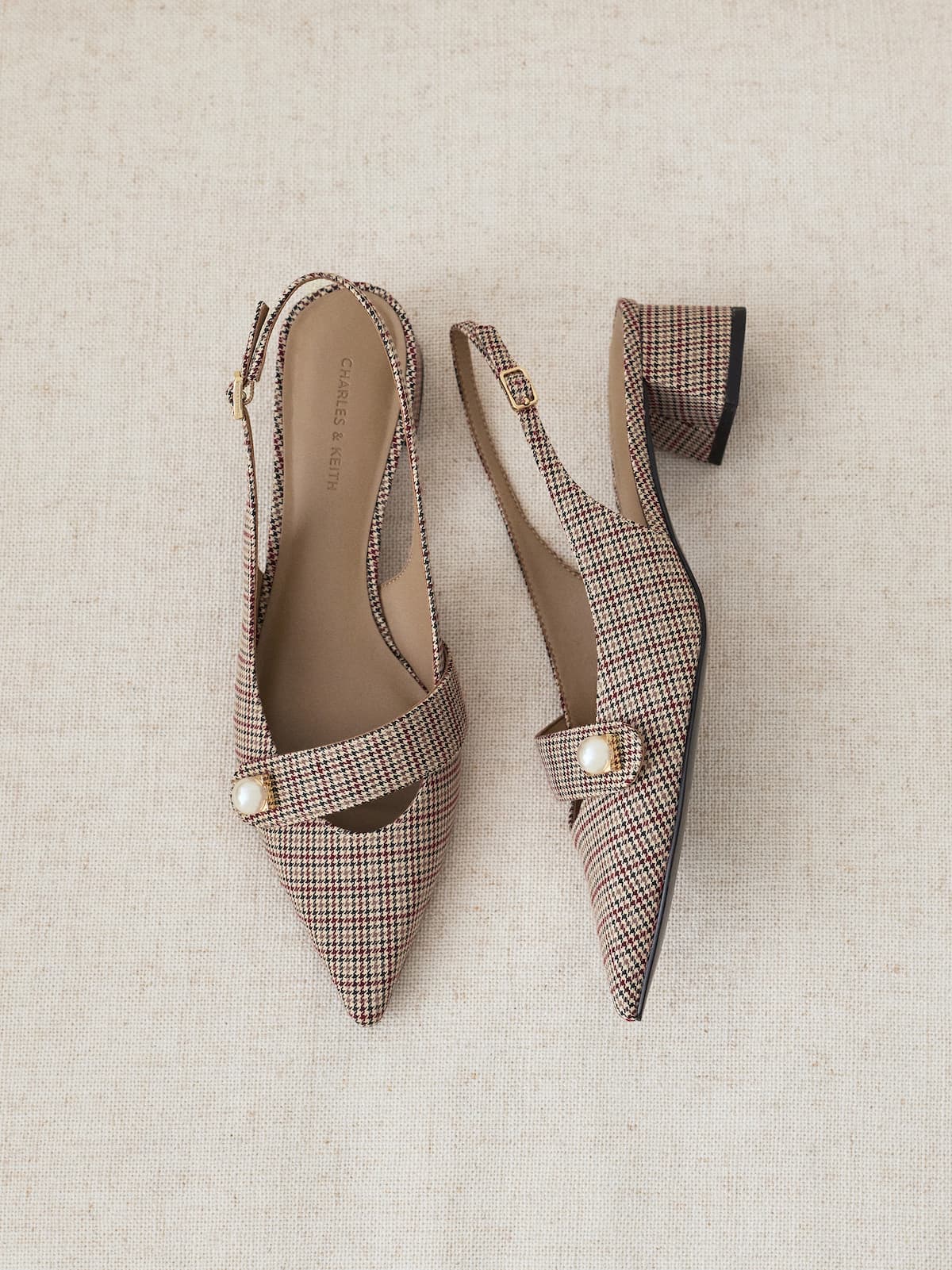 Multi Marie Checkered Pearl Slingback Pumps - CHARLES & KEITH