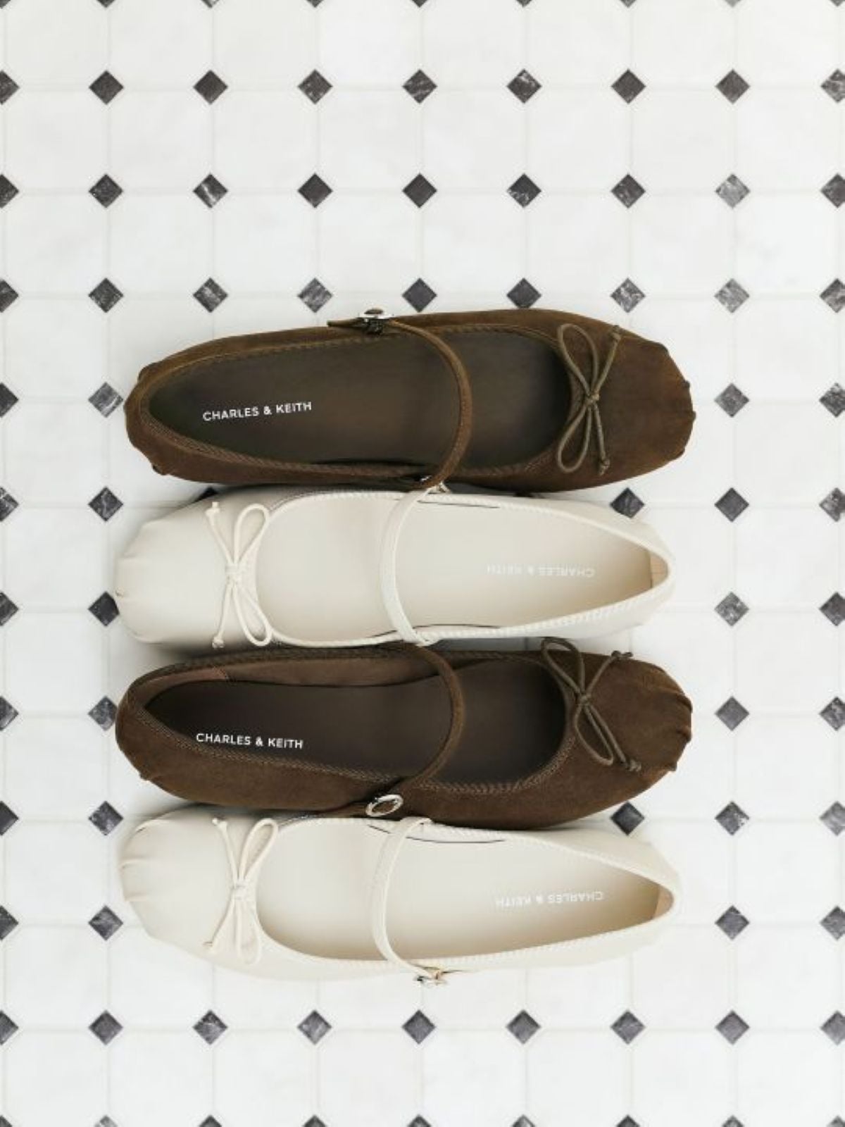 Dark Brown Textured Emiko Faux Suede Bow Mary Jane Flats,Chalk Emiko Bow Mary Jane Flats  - CHARLES & KEITH