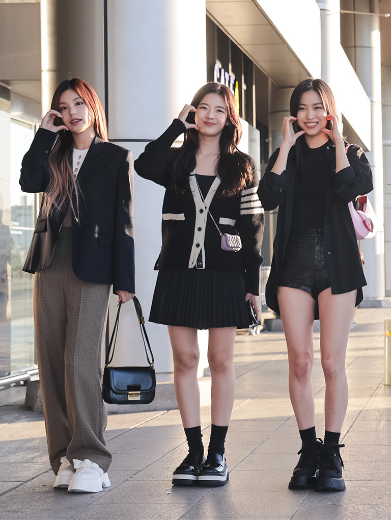 Women’s Charlot bag, Rainier chunky platform penny loafers and Gabine belted hobo bag, as seen on ITZY - CHARLES & KEITH