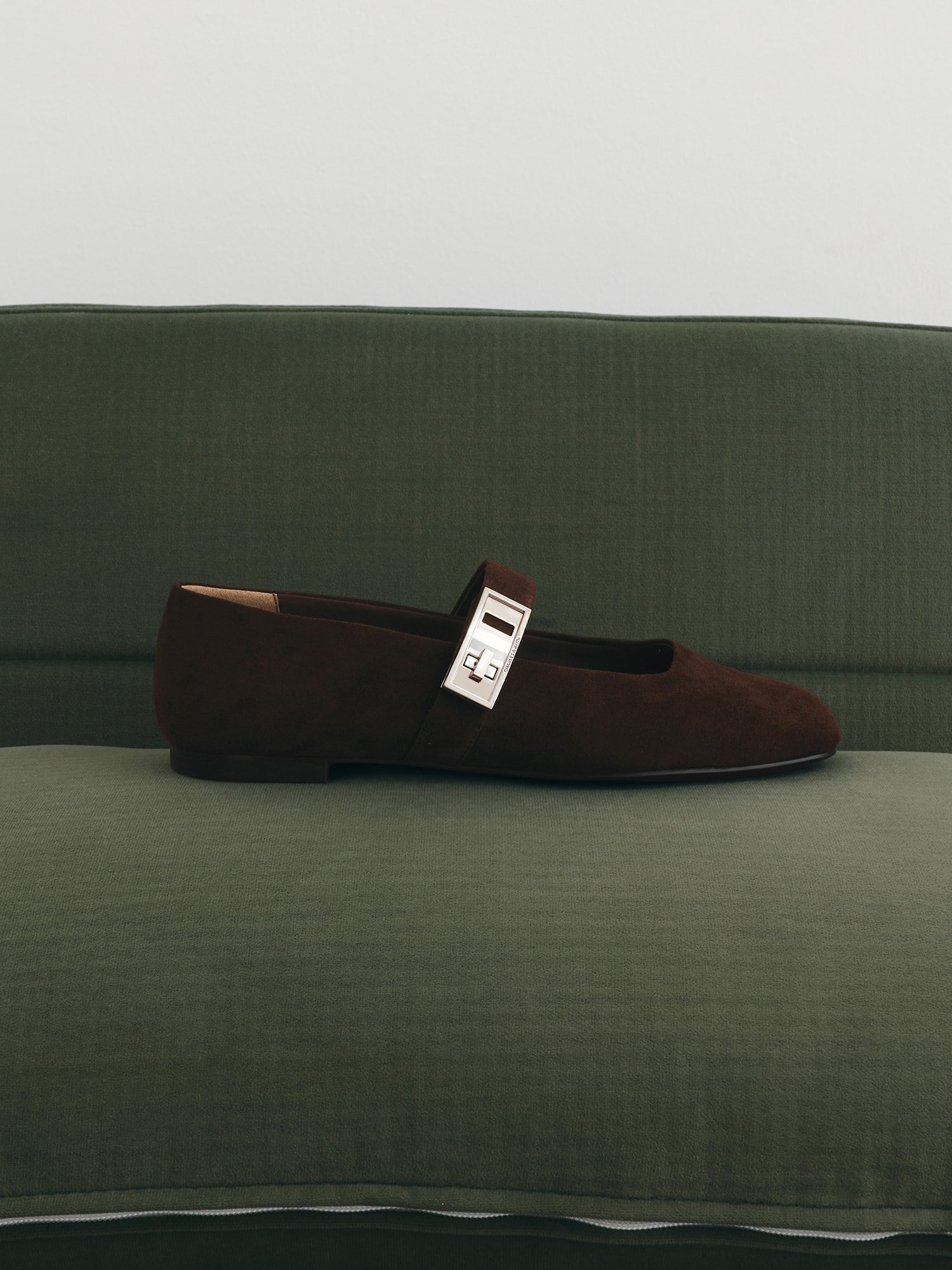 Black Textured Lando Velvet Metallic-Buckle Mary Jane Flats - CHARLES & KEITH