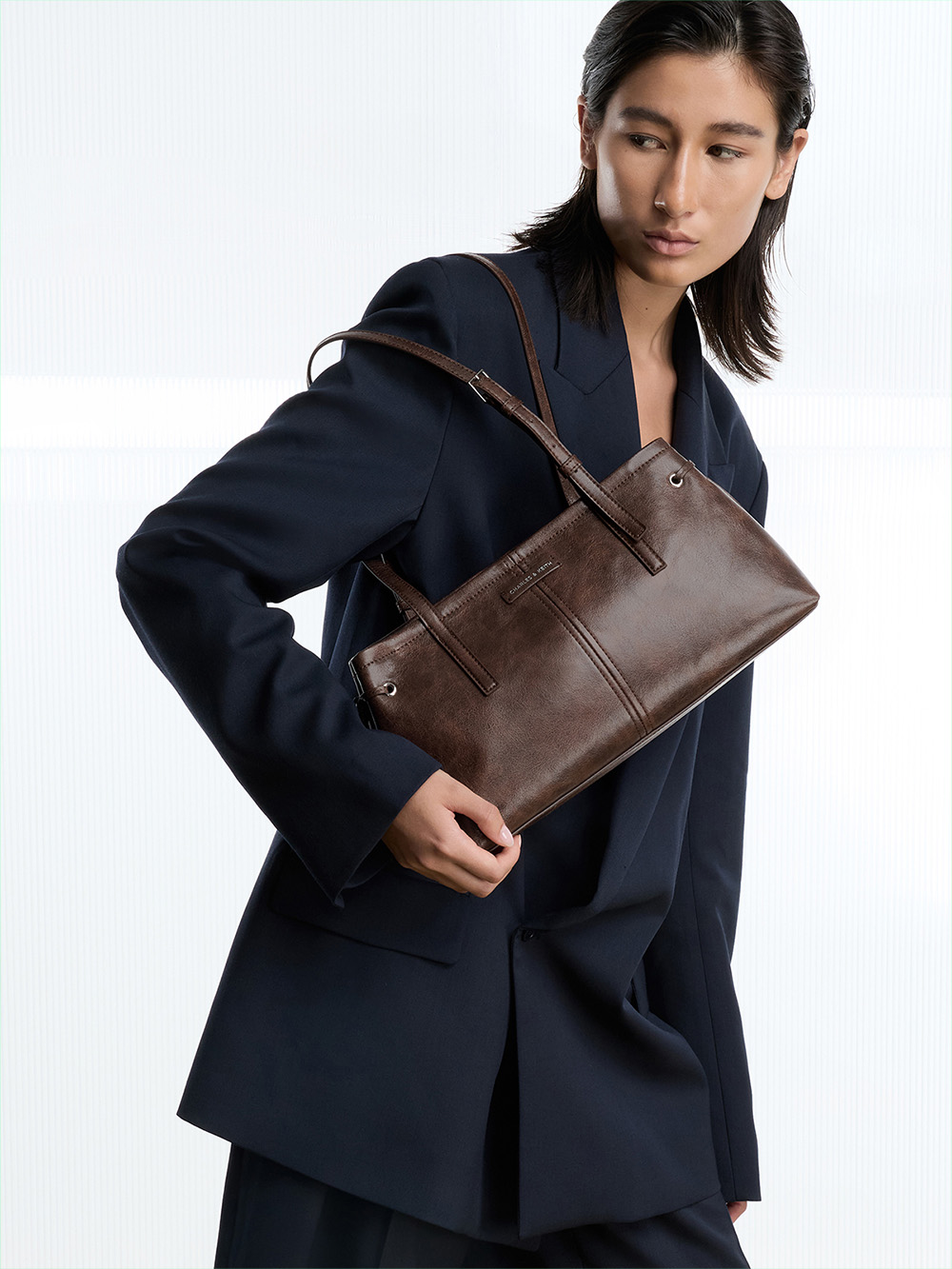 Distressed Coffee Noane Elongated-Handle Shoulder Bag - CHARLES & KEITH