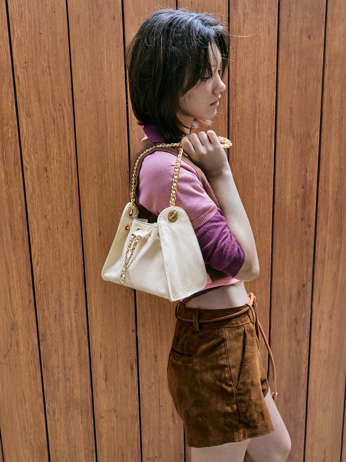 Cream Duo Quilted Drawstring Bucket Bag    - CHARLES & KEITH 