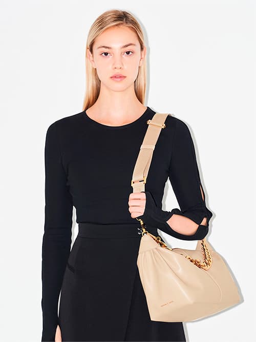 Chunky Chain Link Hobo Bag, Beige