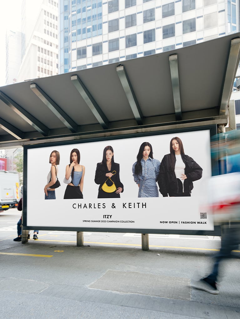 ITZY for CHARLES & KEITH’s Spring Summer 2023 campaign on the billboard of a tram stop in Hong Kong