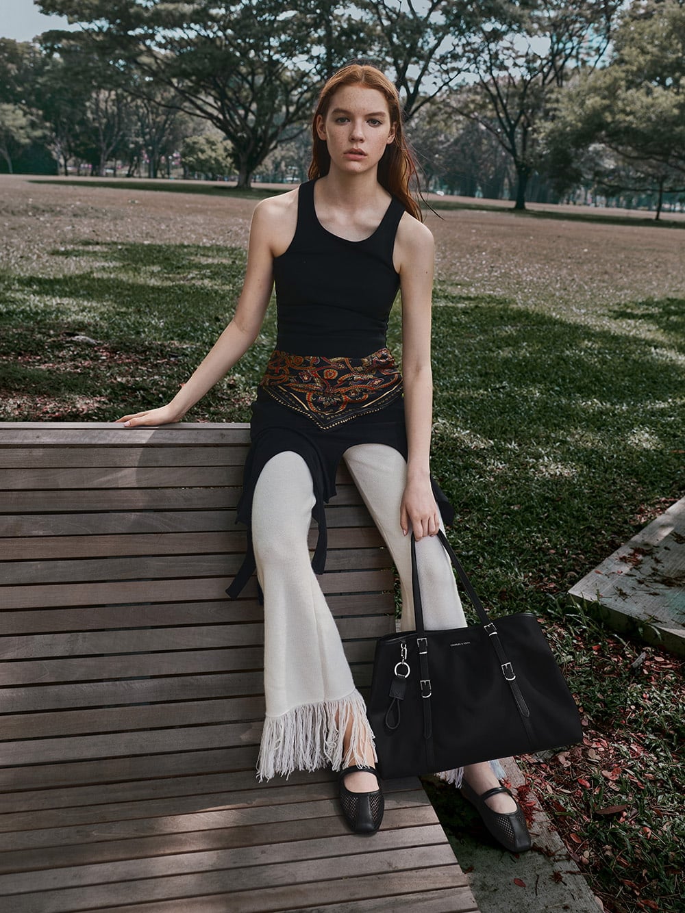 Levy Nylon Tote Bag in noir and Ellory Mesh Slingback Mary Jane Flats in black textured - CHARLES & KEITH