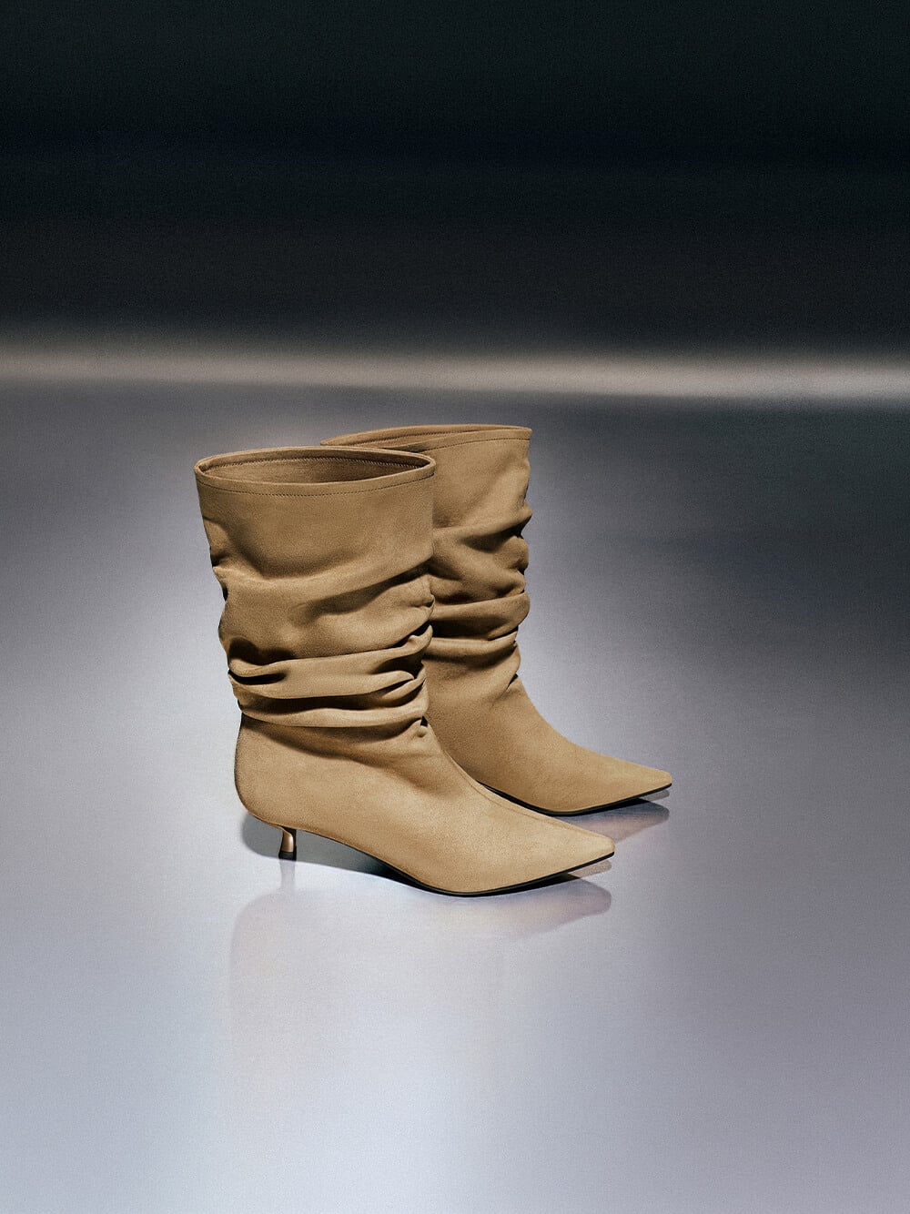 Faux Suede Ruched Kitten-Heel Calf Boots in sand - CHARLES & KEITH
