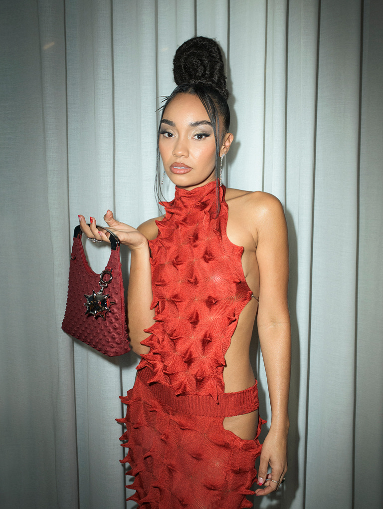 Women’s spike textured metallic-handle bag and patent spike-heel slingback pumps, as seen on Leigh-Anne Pinnock  - CHARLES & KEITH