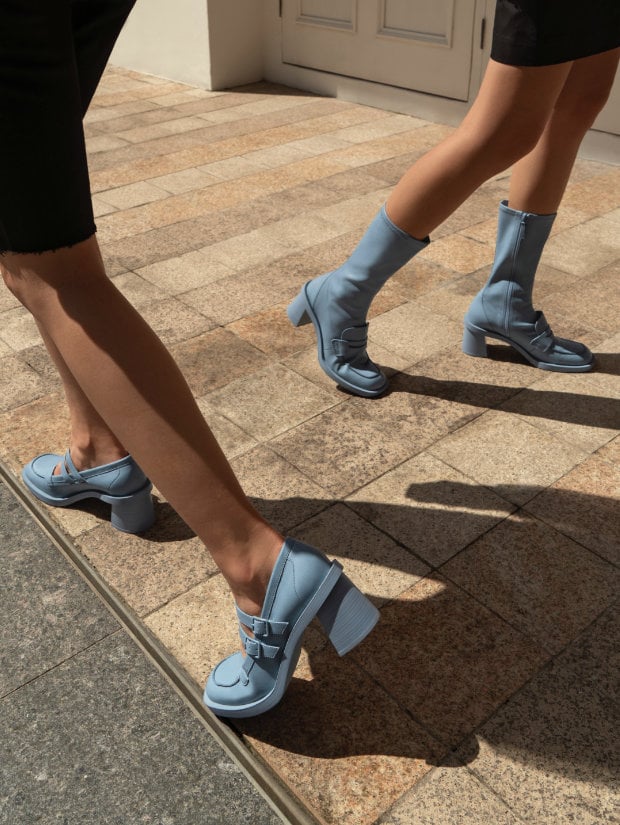 Women’s double strap square-toe Mary Jane pumps and penny loafer calf boots in blue - CHARLES & KEITH
