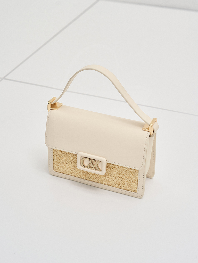 Women’s Leather & Raffia Boxy Bag in beige - CHARLES & KEITH