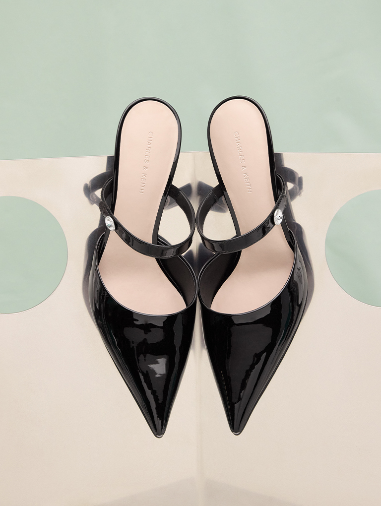 Women’s Patent Crystal-Accent Stiletto-Heel Mules in black - CHARLES & KEITH