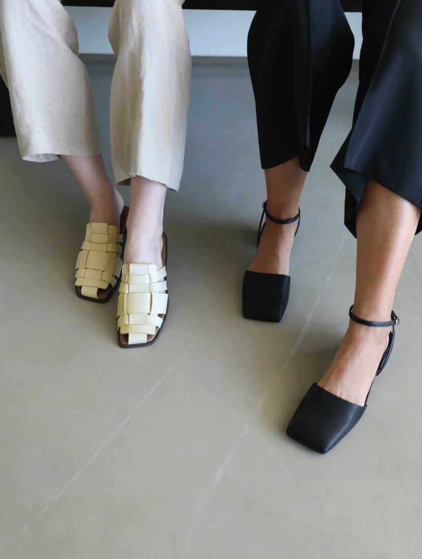 Women’s woven flat mules in chalk and square toe ankle strap pumps in black - CHARLES & KEITH
