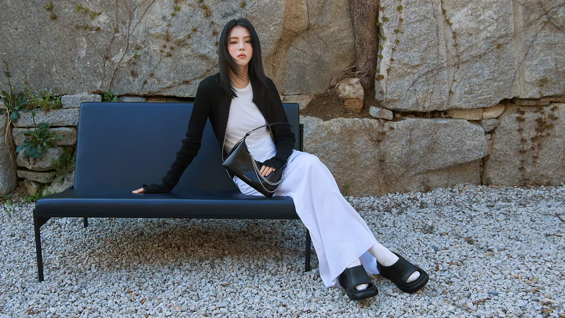 Women’s Atwood chain-embellished shoulder bag and Eva sculptural platform sandals, as seen on Han So Hee - CHARLES & KEITH