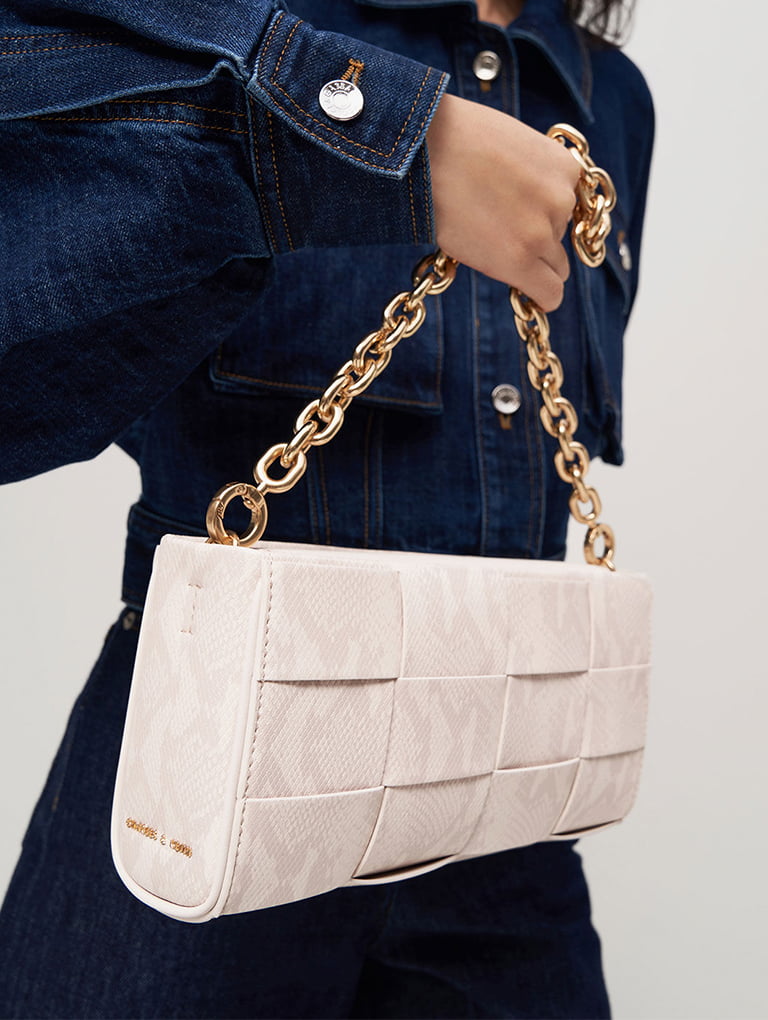 Snake-Print Woven Chain-Handle Bag in chalk    - CHARLES & KEITH