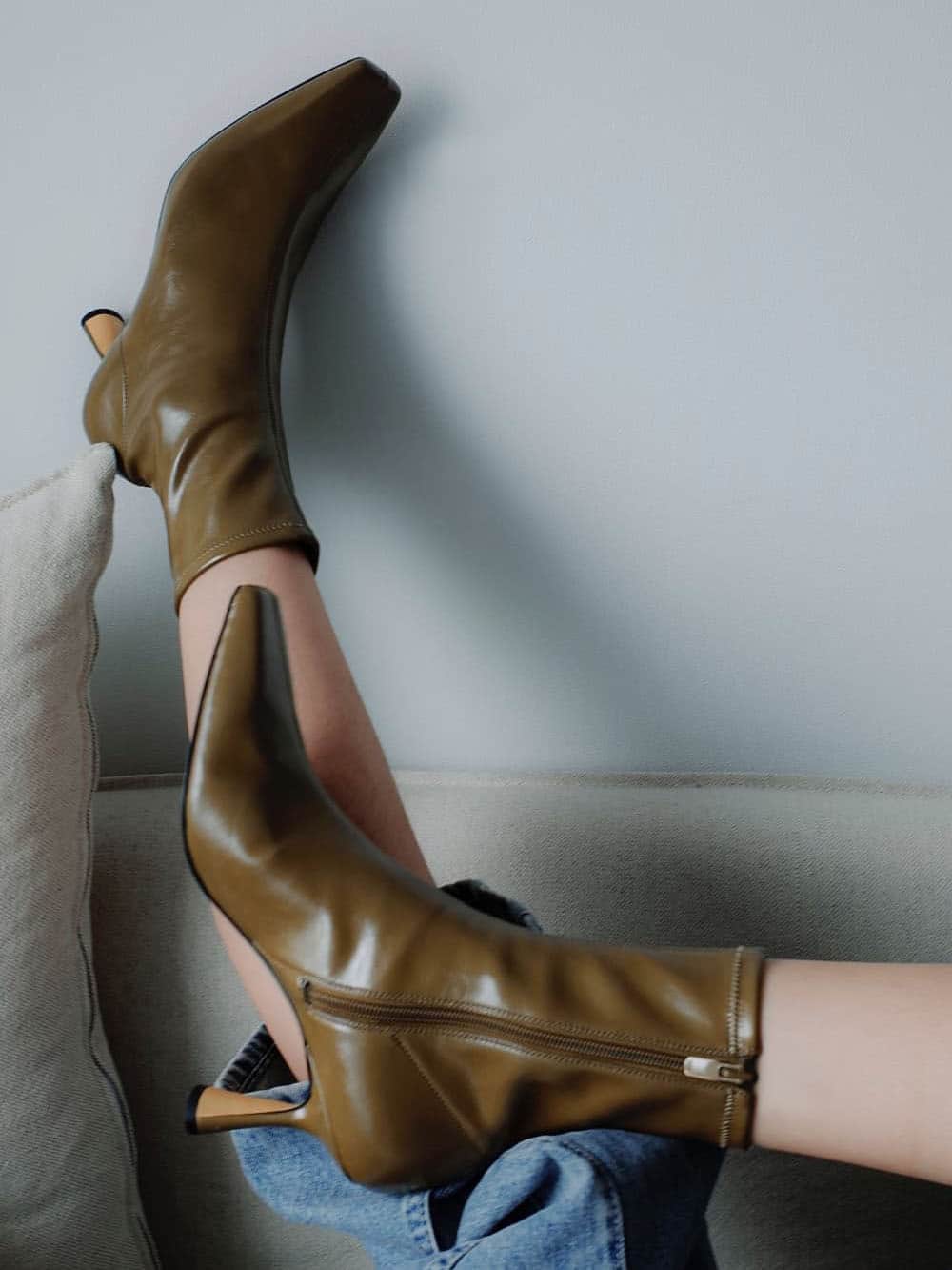Women's sculptural heel ankle boots in olive - CHARLES & KEITH