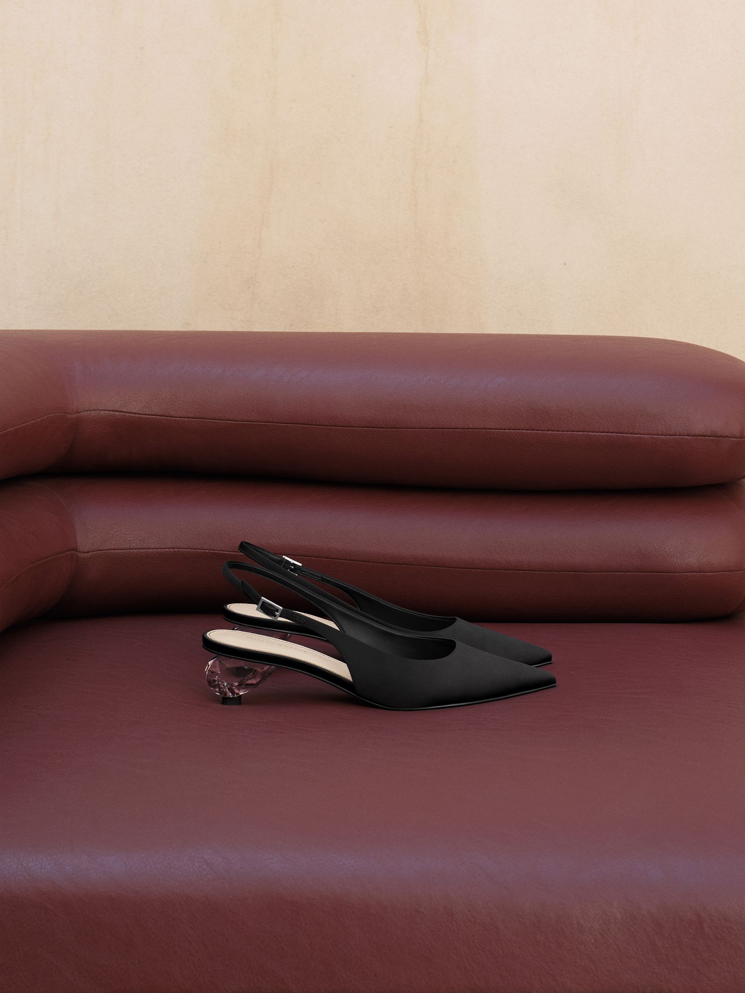 Black Textured Satin Pointed-Toe Crystal-Heel Slingback Pumps - CHARLES & KEITH