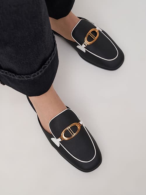 Metallic Accent Loafer Mules, Black