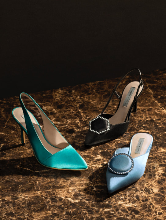 Women’s satin gem-embellished hexagon pumps in black and satin gem-embellished circle slides in blue - CHARLES & KEITH