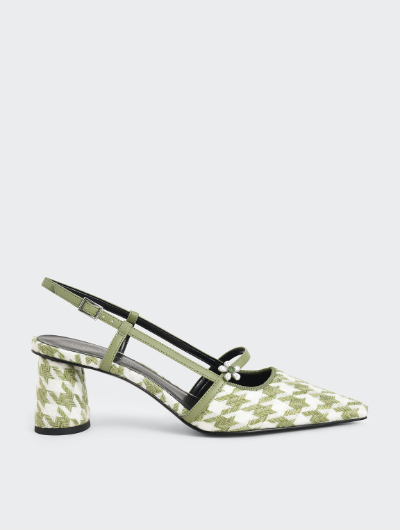 HOUNDSTOOTH FLOWER EMBELLISHED SLINGBACK MARY JANES