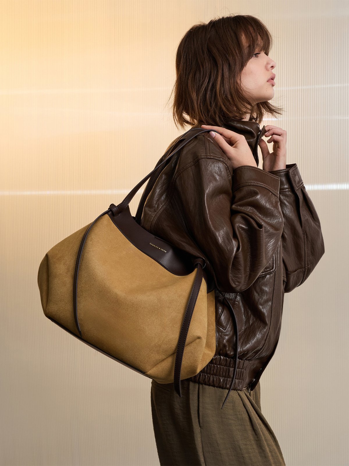 Kerry Recycled Suede Top Handle Satchel Bag - Espresso Brown - CHARLES & KEITH