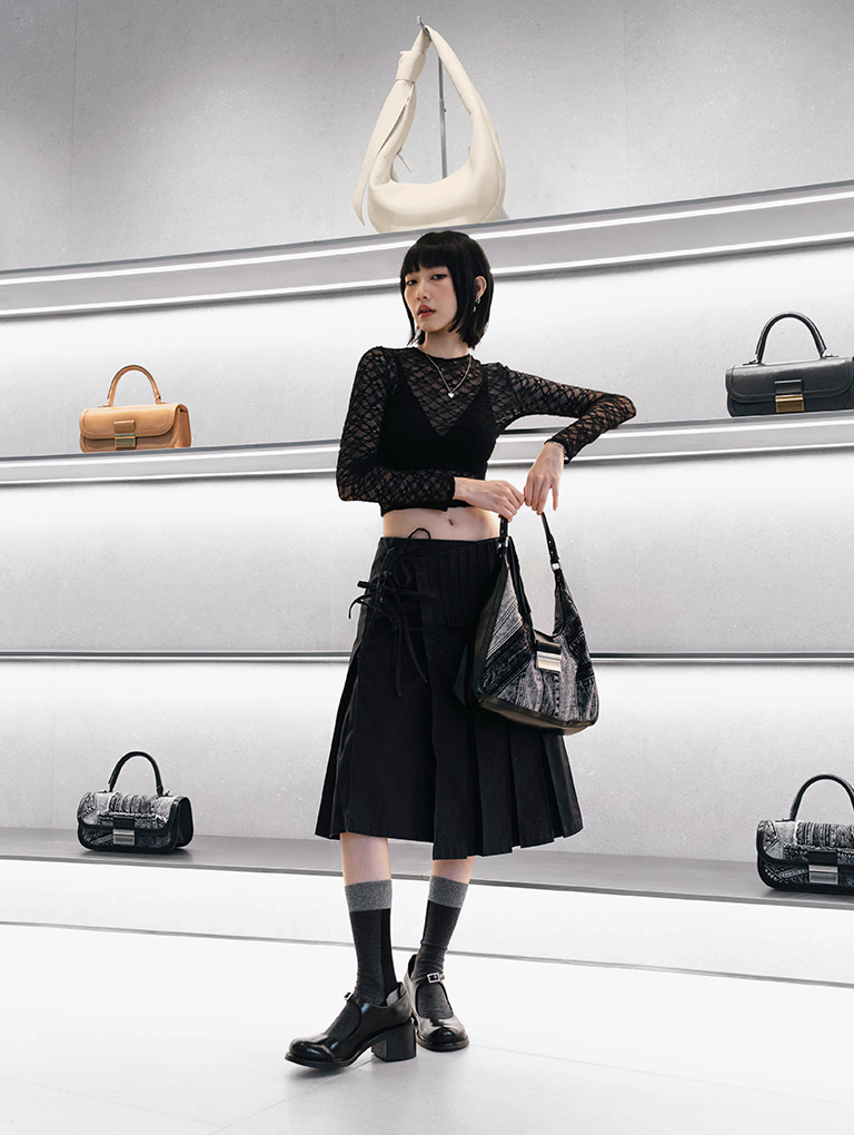 Charlot Denim Patchwork Hobo Bag and Rooney Buckled Block-Heel Mary Janes, both in black - CHARLES & KEITH