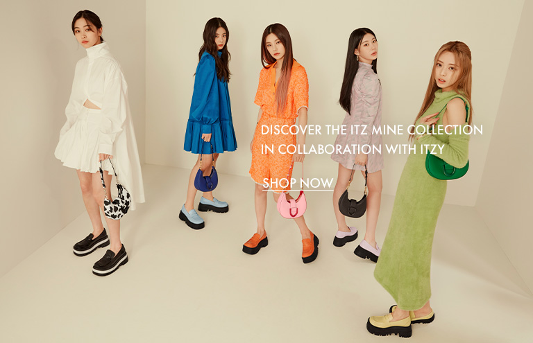 ITZY X CHARLES & KEITH: ITZ MINE cobalt, dark moss, chalk, pink, green Gabine belted hobo bag and lilac, yellow, orange, light blue and black Rainier chunky platform penny loafers