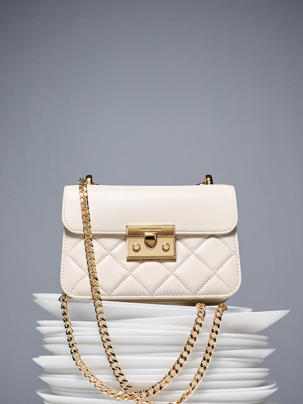 Alva Quilted Chain-Handle Bag in cream - CHARLES & KEITH