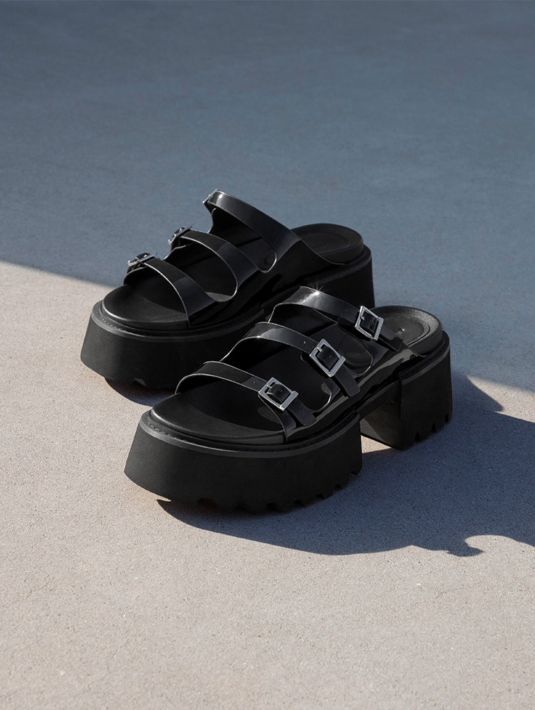 Women’s Nadine patent triple-strap platform sandals in black patent - CHARLES & KEITH