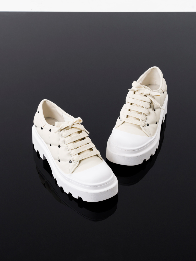 Women's' Dahlia Tweed Heart-Print Chunky Sneakers in chalk - CHARLES & KEITH