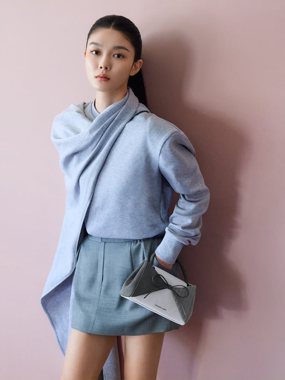 Women’s Hazel Striped Bow Panelled Top Handle Bag in grey - CHARLES & KEITH