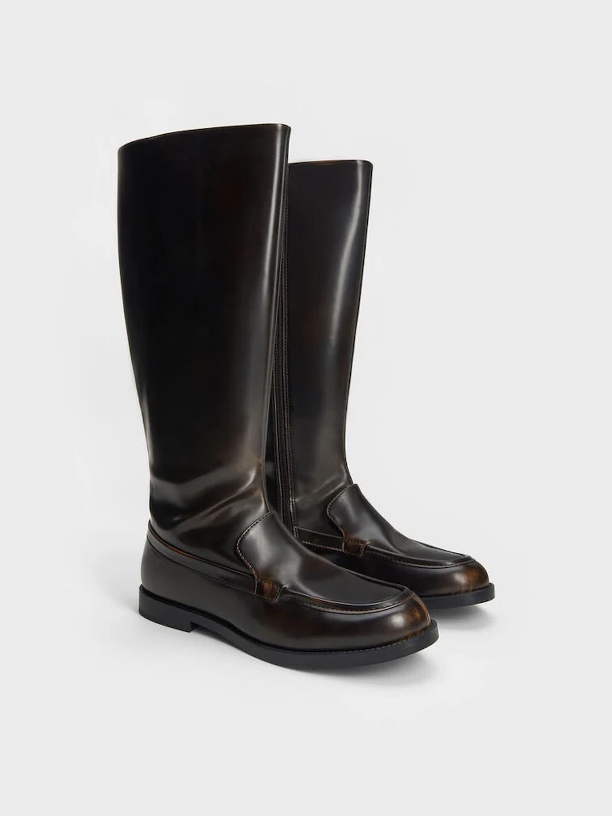 Dark Brown Jagger Knee-High Loafer-Boots - CHARLES & KEITH