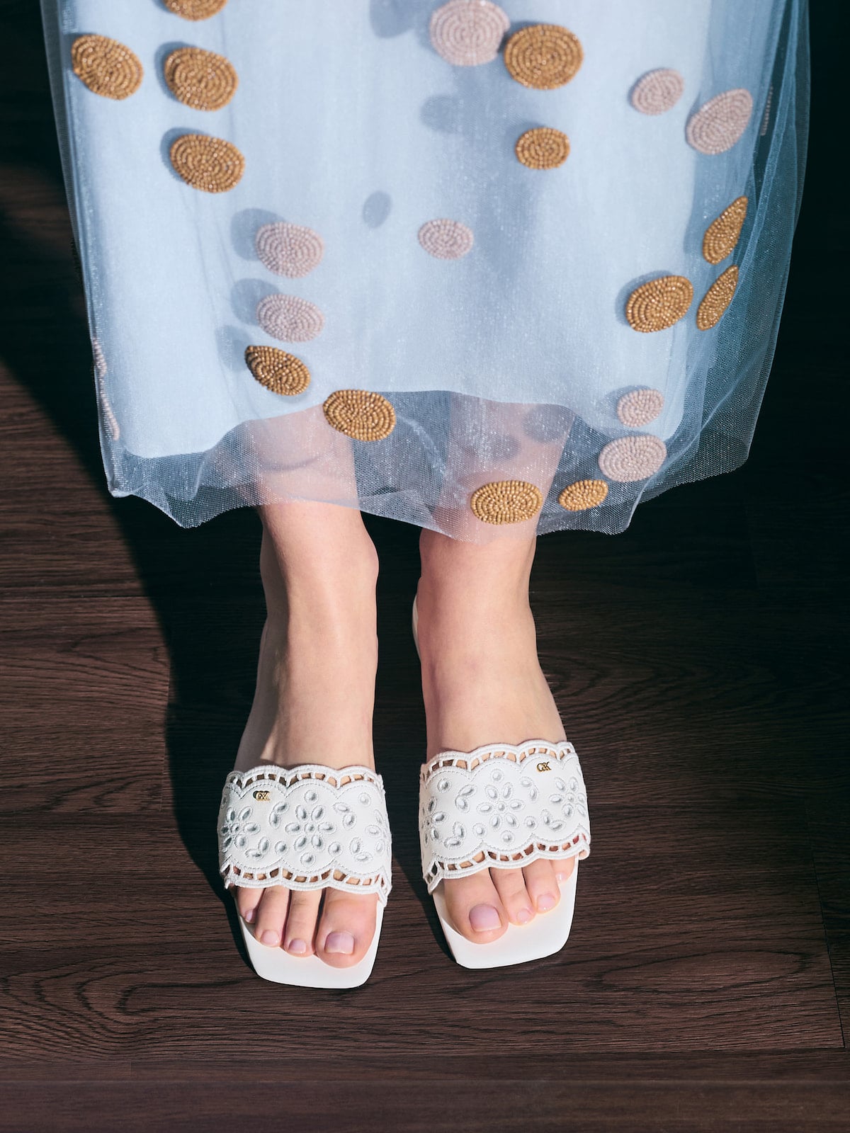 White Leather Embroidered Slide Sandals - CHARLES & KEITH