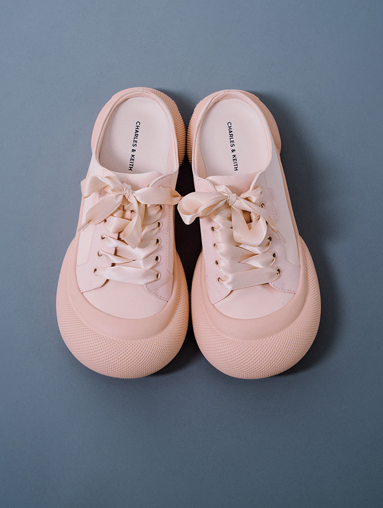 Women’s satin lace-up slip-on sneakers in light pink - CHARLES & KEITH