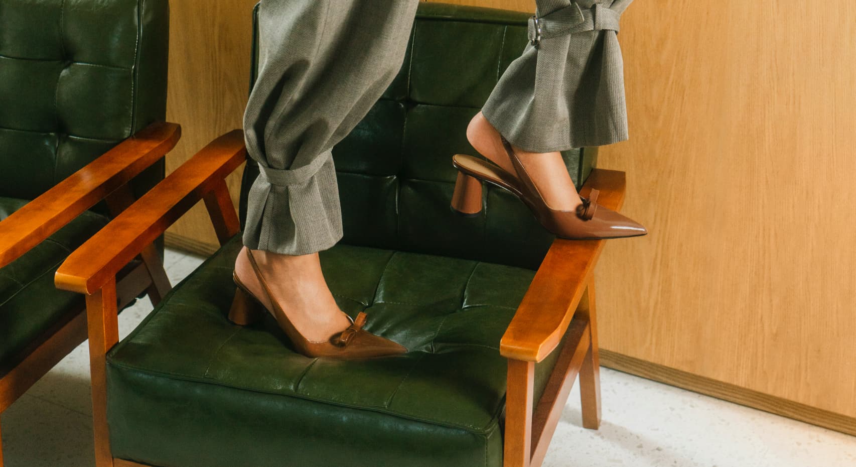 Women’s patent bow slingback pumps in cognac (close up) – CHARLES & KEITH