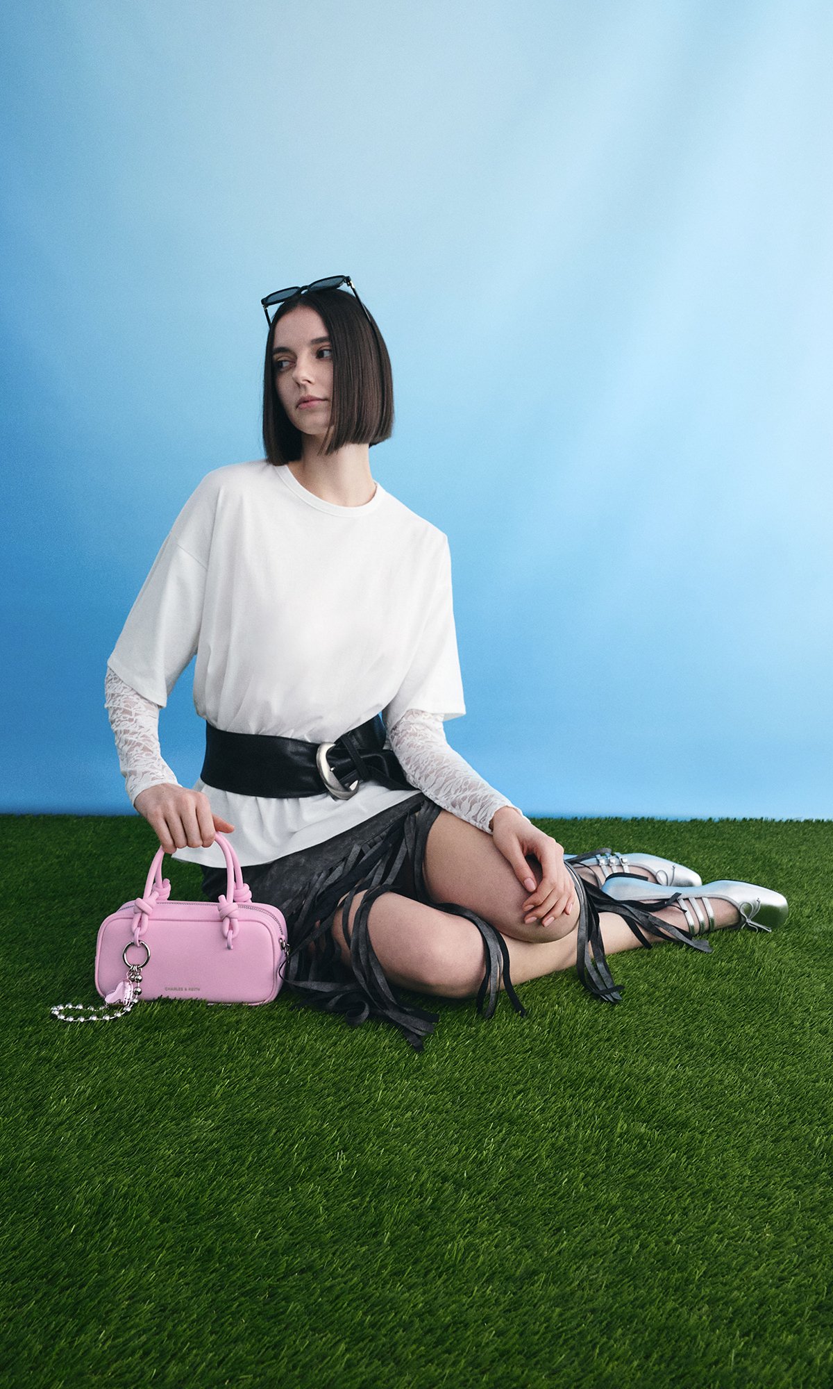 Sea Salt Blue Hazel Bow Elongated Trapeze Shoulder Bag, Black Myler Bow Square-Toe Buckled Mary Janes - CHARLES & KEITH