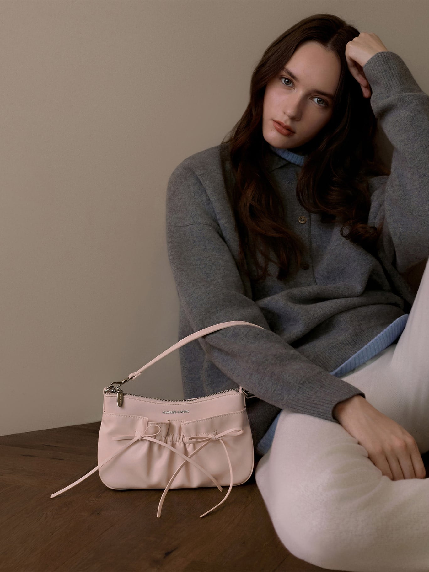 Soft Pink Mini Reese Ruched Bow Shoulder Bag - CHARLES & KEITH