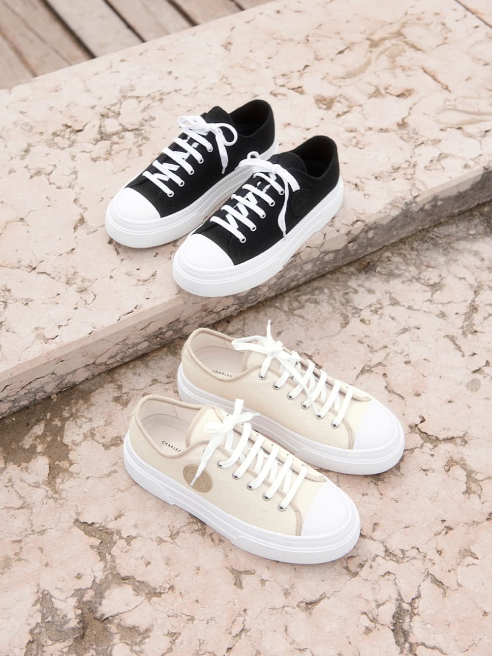 Women’s taupe and black canvas low-top sneakers - CHARLES & KEITH