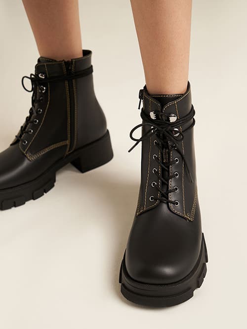 Lace-Up Combat Boots, Black