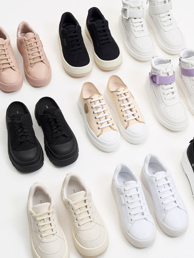 Women’s Gabine leather high-top sneakers, lace-up sneakers, textured low-top sneakers, canvas backless sneakers and Kay canvas low-top sneakers - CHARLES & KEITH