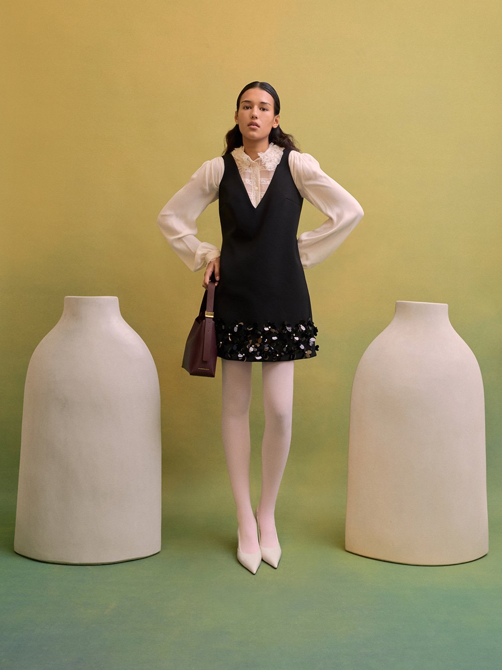 Taylen Slingback Pumps in beige and Edna Bucket Bag in wineberry red - CHARLES & KEITH