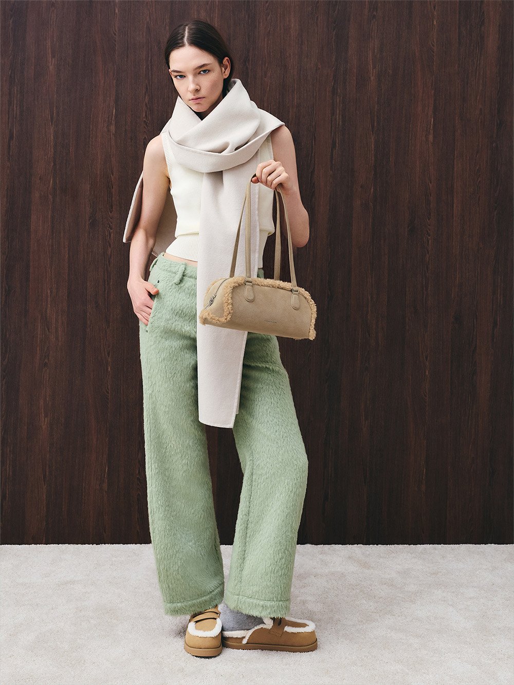 Nelly Recycled Suede & Faux Shearling Elongated Shoulder Bag - CHARLES & KEITH