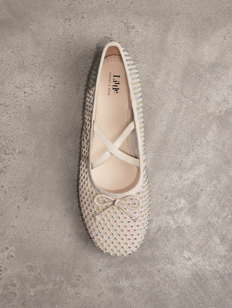 Girls' Mesh Crystal-Embellished Crossover-Strap Ballet Flats in cream - CHARLES & KEITH