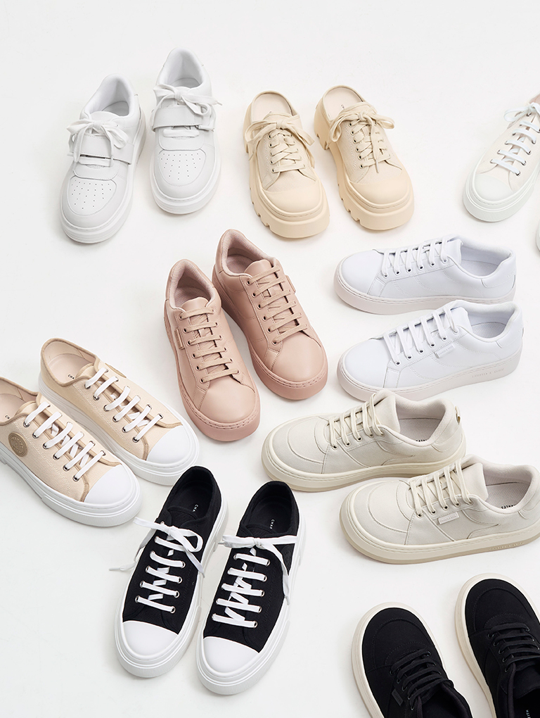 Women’s Gabine leather low-top sneakers, canvas backless sneakers, Kay canvas low-top sneakers, lace-up sneakers and textured low-top sneakers - CHARLES & KEITH
