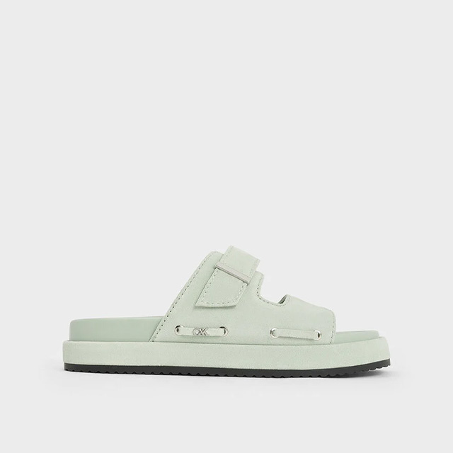 Women’s Kori suede slide sandals in mint green  - CHARLES & KEITH